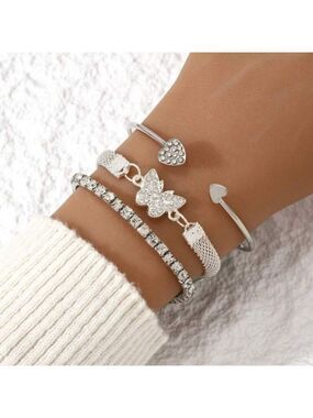 Silver Butterfly Heart Rhinestone Bracelet Set 3 Piece